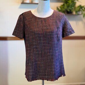 Textured Tweed Short Sleeve Top with Fringed Hem
